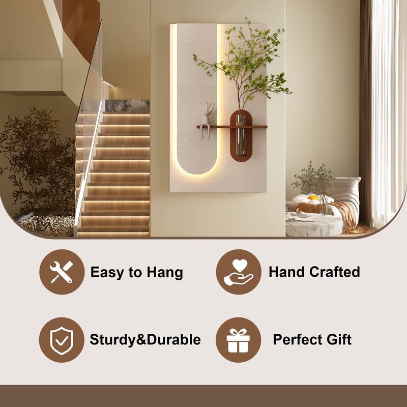 Roomfitters LED Sandstone Wall Art with 3D Vase, 3 Color Light Strip & Fake Rabbit Statue for Living Room, Light Coffee