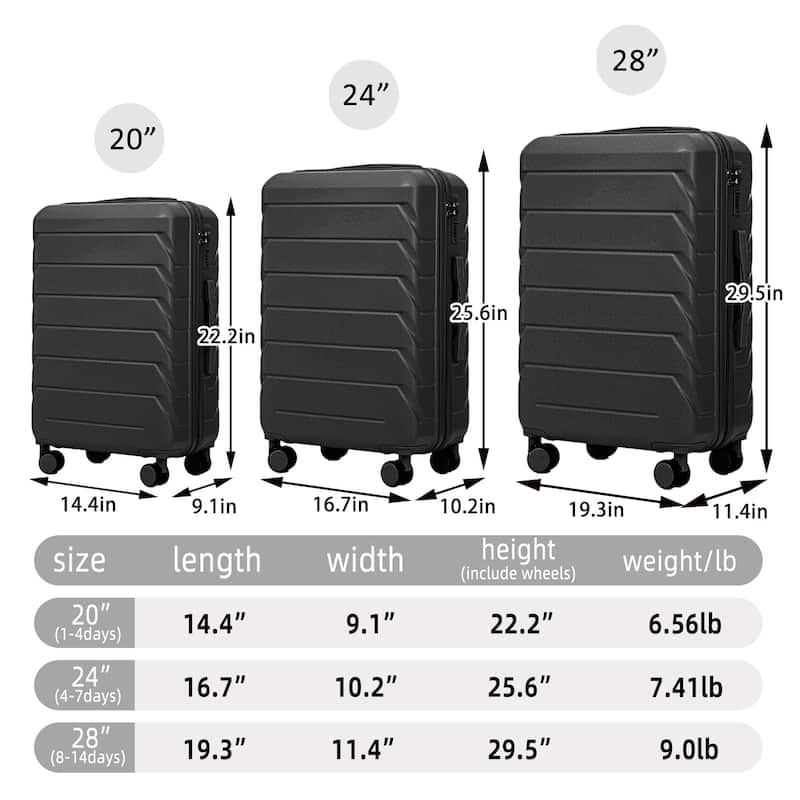 20"/24"/28" 3-Piece, Modern Luggage Sets with Retractable Handle and Combination Lock, for Boarding Travel, Black