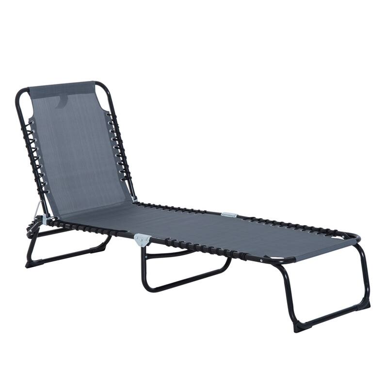 Adjustable Reclining Outdoor Lounge Chair Foldable Portable Camping Poolside Patio with Mesh Fabric and Steel Frame - Grey