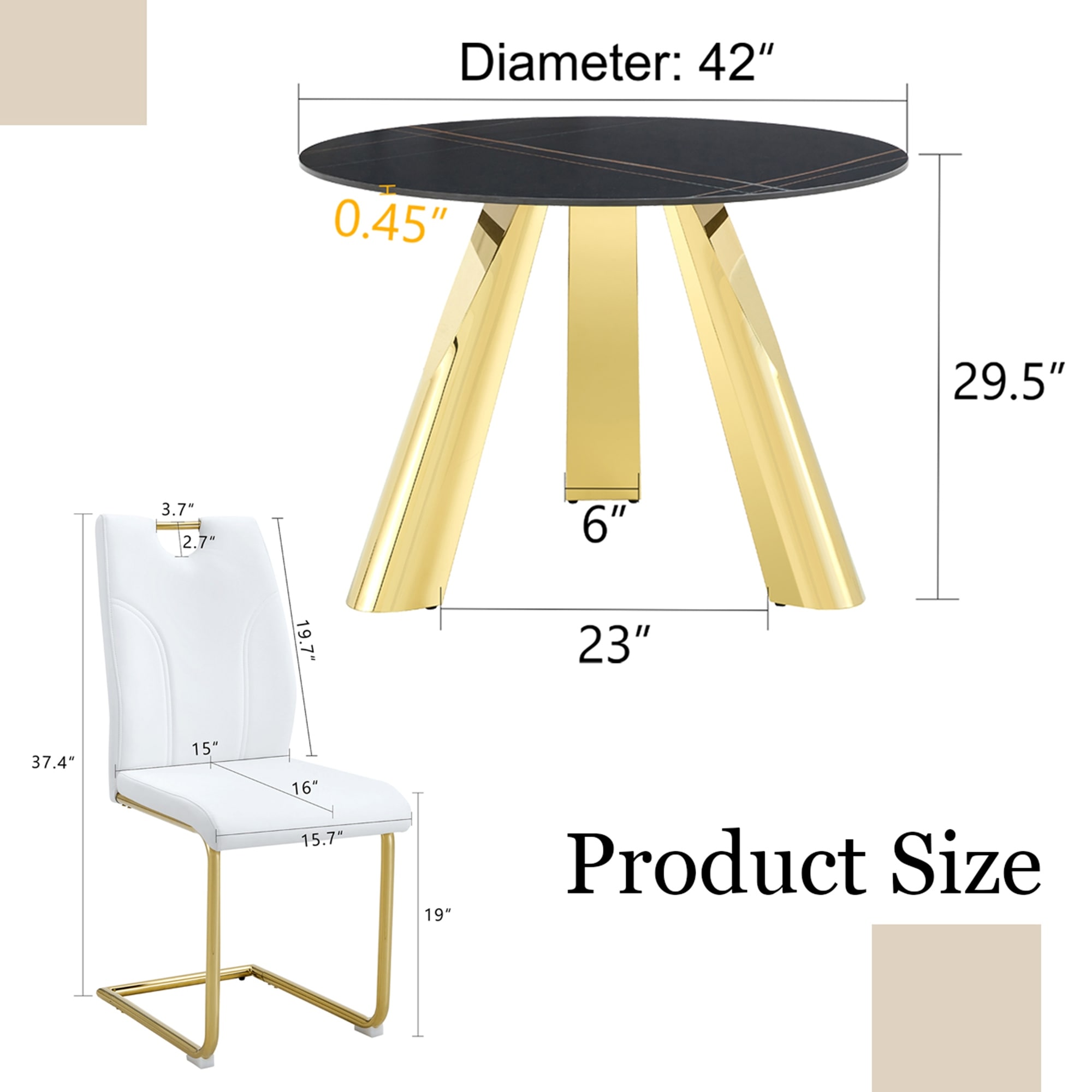 Stainless Steel Leg Round Table Set With Six Uniquely Designed Dining Chairs, Golden Metal Legs