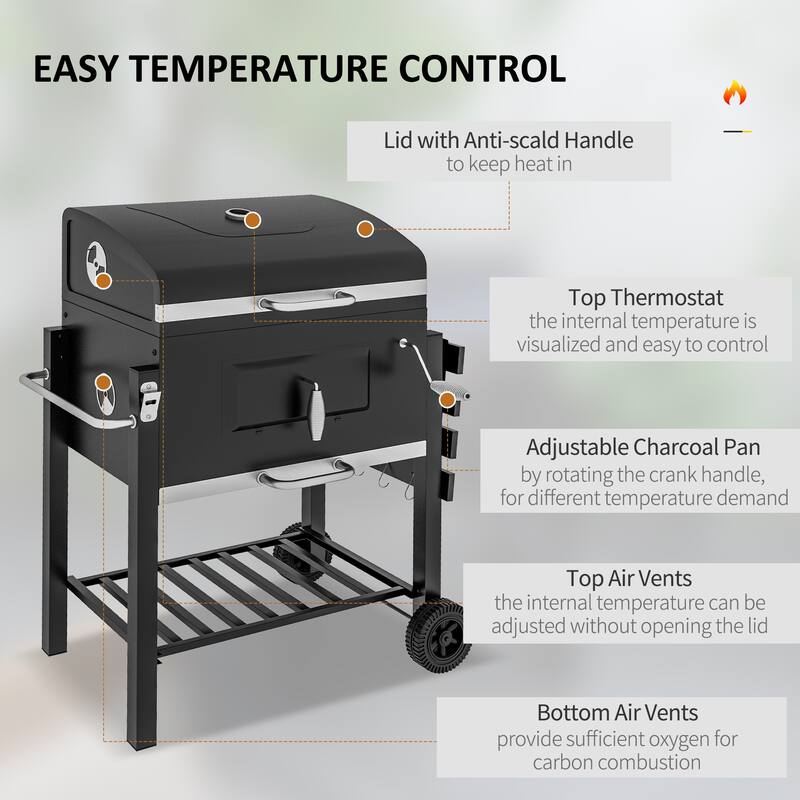 Black Charcoal BBQ Grill with Large Cooking Grates Warming Rack and Heavy-Duty Lid - 44.5" L x 25.5" W x 42.5" H