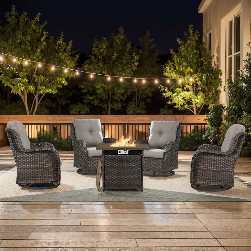 Pocassy 5 Pieces Fire Pit Table with Swivel Gilder Chairs - Brown Wicker Gray Cushion - 5 Pieces Swivel Chair with Fire Table