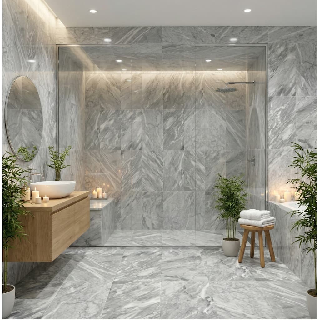 Roomfitters Carrara Marble Tile, Polished Natural Stone for Wall and Floor, Genuine Marble, 4-Piece Box, Gray