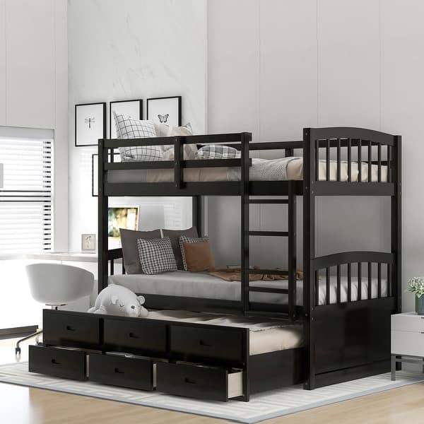 slide 2 of 30, Wood Bunk Bed with Trundle and Drawers Black