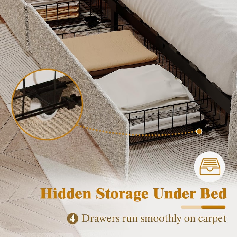 Boucle Upholstered Bed Frame, 2 Storage Drawers
