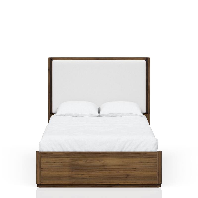 Queen Size Solid Wood Upholstered Platform Bed with Polyester Headboard and Transitional Design - Walnut