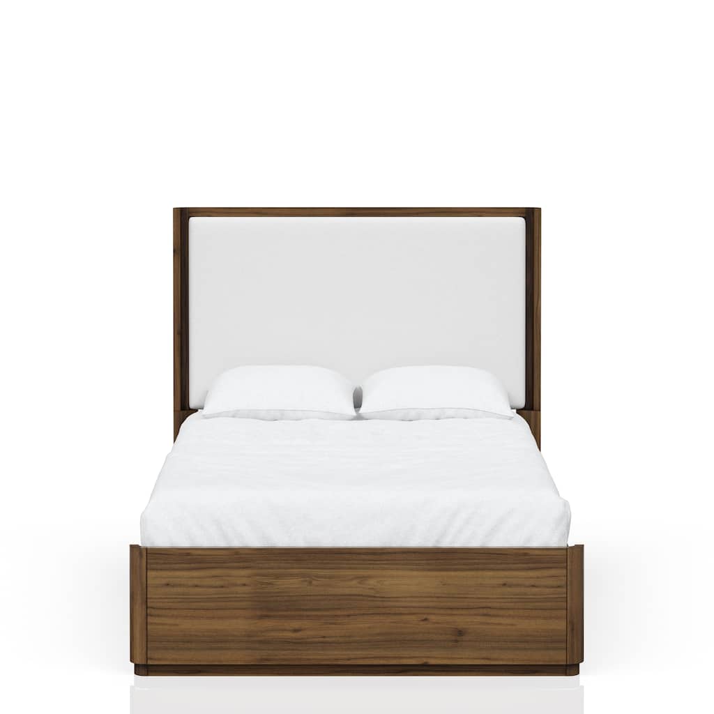 Queen Upholstered Bed in Walnut with Polyester Fabric Headboard