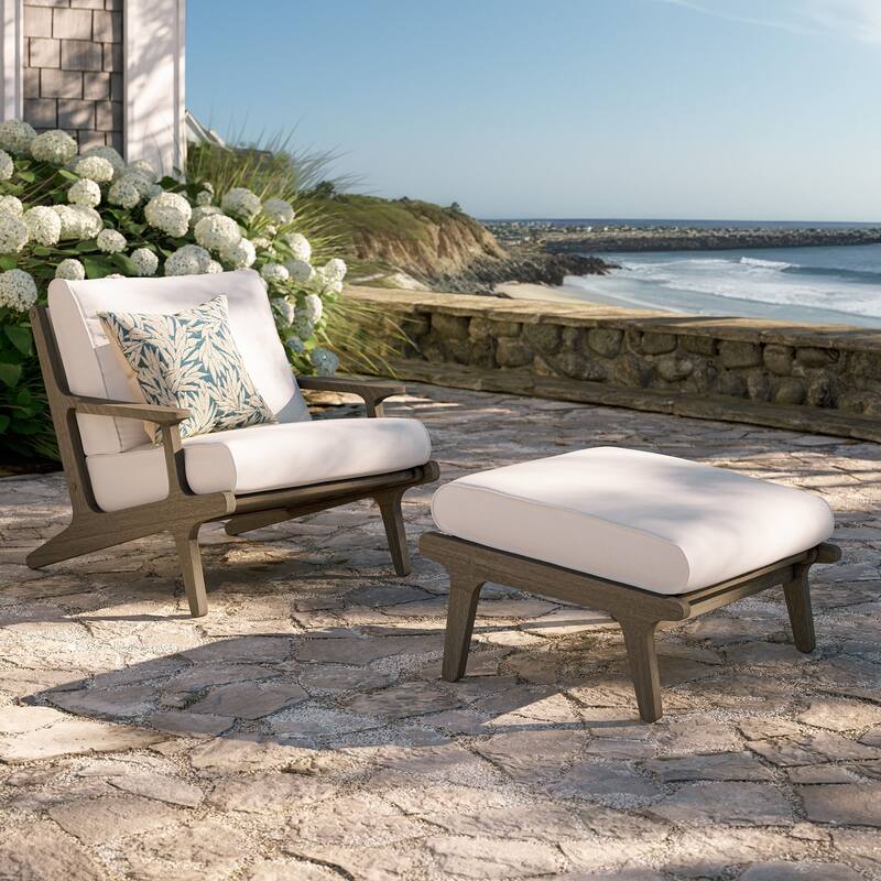 Saratoga Outdoor Patio Teak Wood Chair and Ottoman Set - Pebble