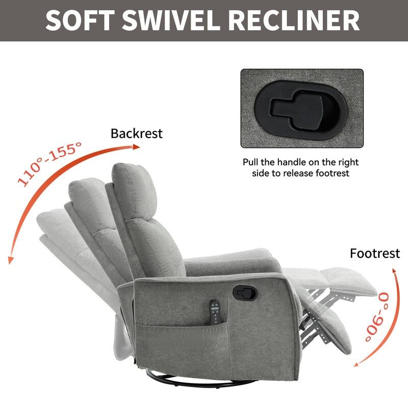 Heat Massage Manual Recliner Chair with Rocker and Swivel in Fabric for Living Room