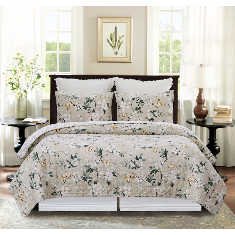 Dogwood Meadows Quilt Set All Seasons Bedroom Bedding Machine Washable Reversible Coverlet Décor Decoration