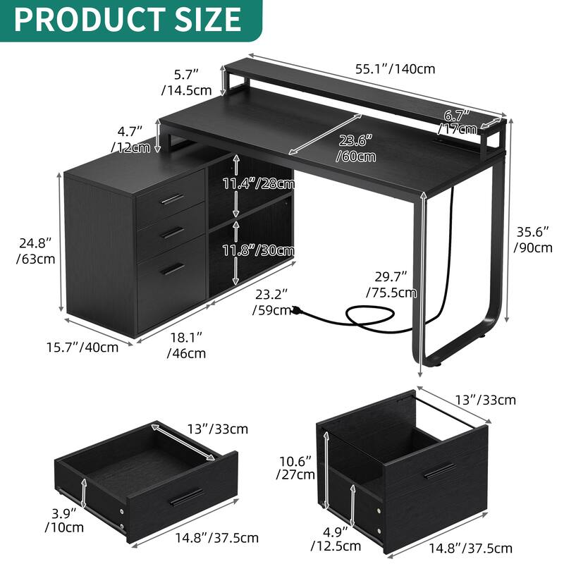55 Inch L-shaped Gaming Desk with Power Outlets and LED Lights Computer Corner Desk with File Cabinet Monitor Stand