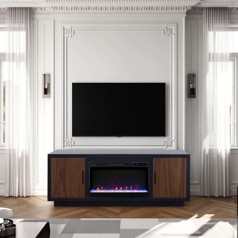 Bridgevine Home Aria 66 inch Fireplace TV Stand for TVs up to 80 inches, Minimal Assembly, Black and Walnut Finish