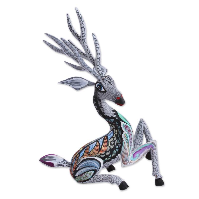 NOVICA Grey Deer, Wood alebrije sculpture - 9.25" H x 6.5" W x 4.6" D