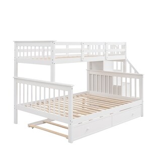 Stairway Bed Twin Over Full Bunk Bed w/Trundle Storage & Guard Rail ...