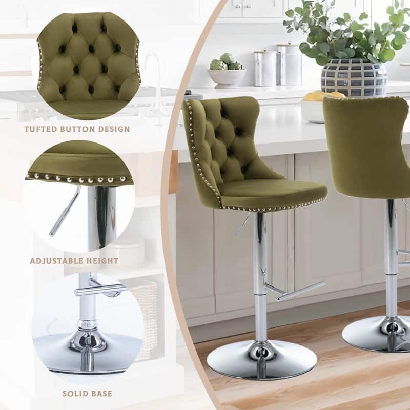 Velvet Upholstered Nailheads Tufted Swivel Bar Stools (Set of 6)