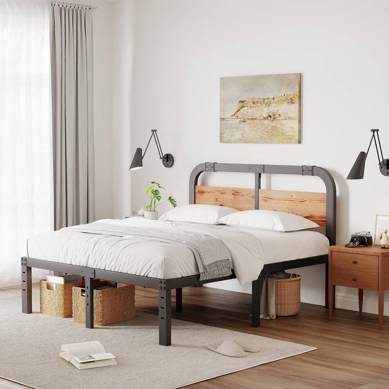 Black Metal Platform Bed Frame with Rustic Wood Headboard and Strong Steel Slats Under Bed Storage