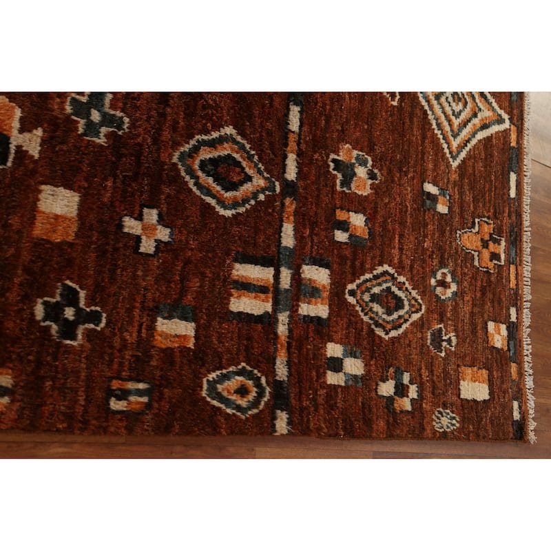 Hand Knotted Oriental 100% Wool Carpet Modern Tribal Brown Moroccan Area Rug - 9' 6'' X 6' 9''