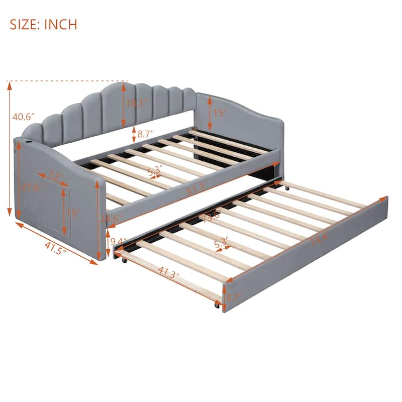 Modern Twin Velvet Daybed with Trundle, USB Ports, and Storage Pockets