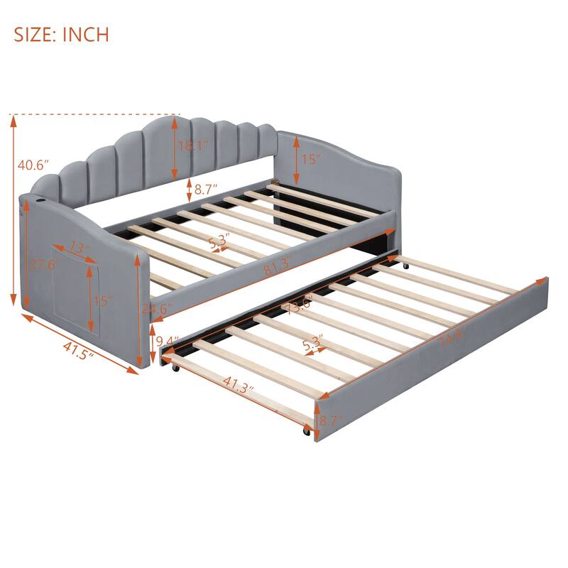 Twin size Upholstered Daybed with Trundle - Gray