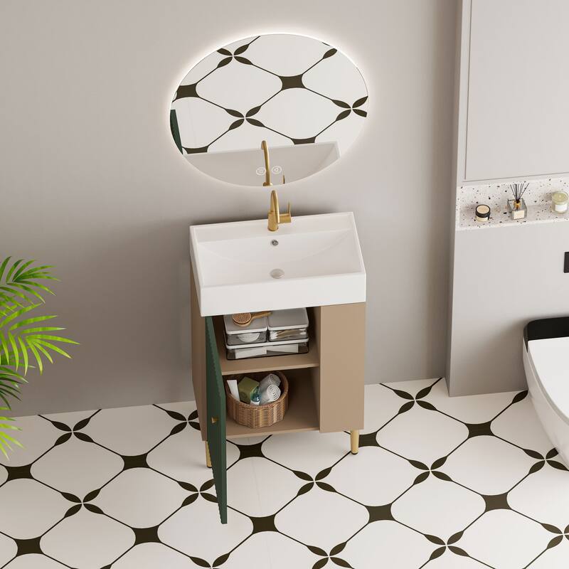 Compact White Bathroom Vanity with Ceramic Sink, Soft-Closing Cabinet, and Brushed Copper Accents for Small Spaces