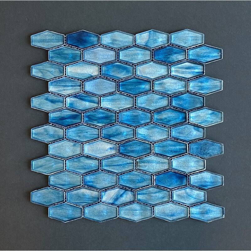 Iridescent 1 1/4" x 2" Long Hexagon Glass Tile - Case (10 Sheets) - Cobalt Blue