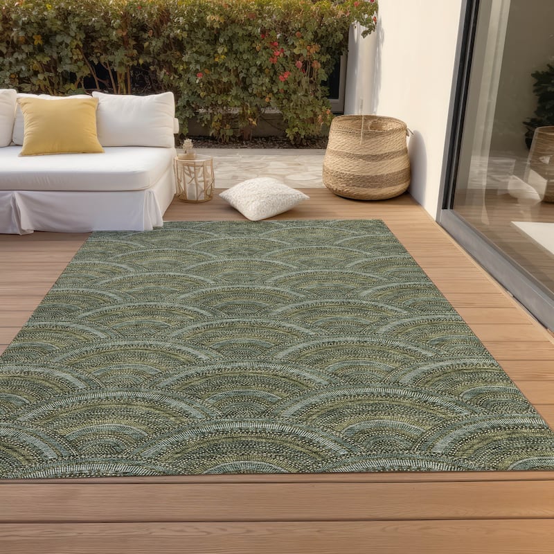 Machine Washable Indoor/ Outdoor Modern Mosaic Chantille Rug - Olive - 3' x 5'