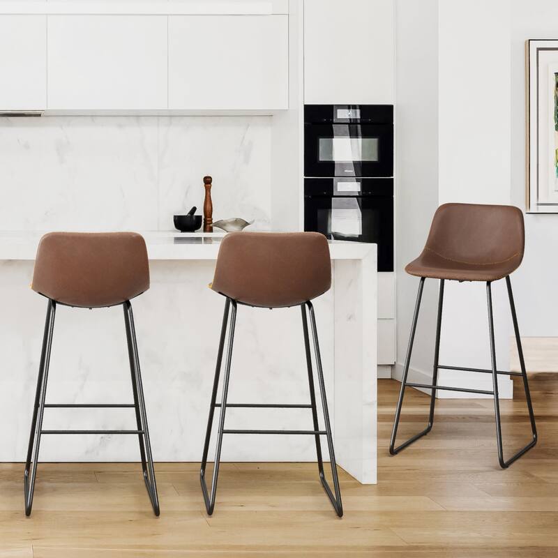 Modern Faux Leather Metal Frame Counter Height Bar Stools (Set of 3) - Dark Brown 30 in. - Bar Height