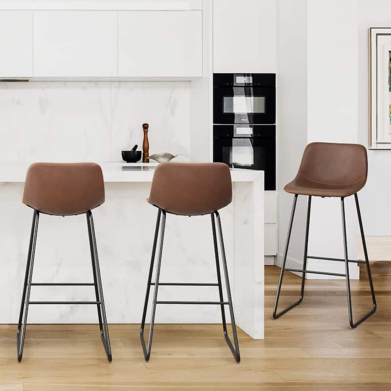 Modern 30.in Bar Height Bar Stool with PU Leather and Metal Frame Barstools for Kitchen Island - Set of 3 - Brown