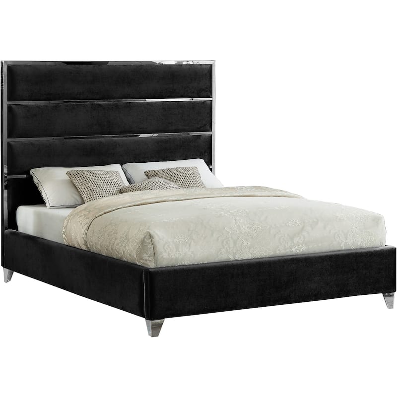 Chic Velvet Bed - Modern Upholstered Design with Chrome Accents - Sleek Bedroom Furniture