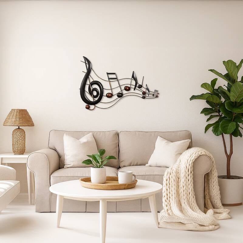 26 Inch Handmade Metal Wall Mount Accent Decor with Musical Notes and Treble Clef, Black, Red