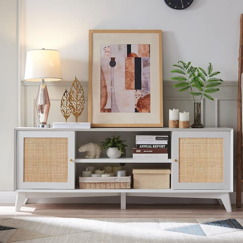 Mid-Century Modern Rattan TV Stand for 75'' TV, Entertainment Center