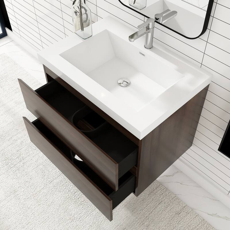 MDF Wall-Mounted Bathroom Vanity Set in Grey Oak with Integrated Culture Marble Sink