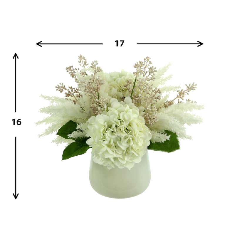 Hydrangea Floral Arrangement in a Glass Vase with Pampas and Seeded Eucalyptus - White, Pink
