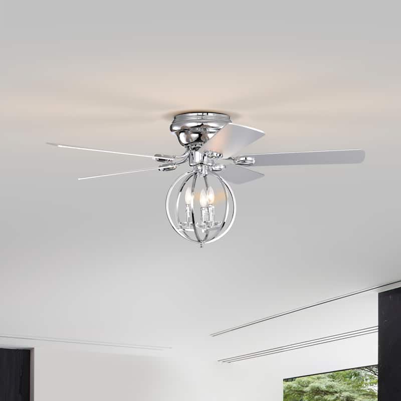 5-blade 52-inch Chrome Ceiling Fan with 3-Light (NO INCLUDE BULB) Chandelier (Remote Controlled) - Silver
