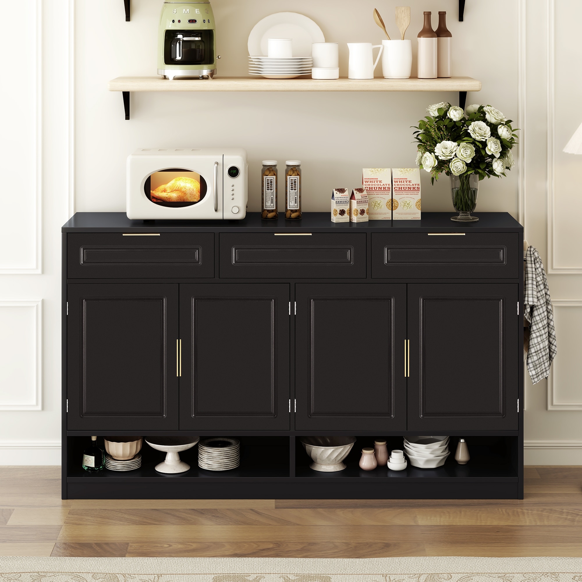 Sideboard with 4 Doors & 3 Drawers, Buffet Cabinet with Adjustable Shelf & Open Shelf, Multi-Functional Wooden Storage Cabinet
