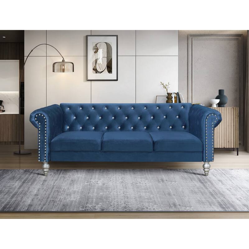 Clayfell Emma Velvet Rolled Arm Living Room Set - Sofa - Blue