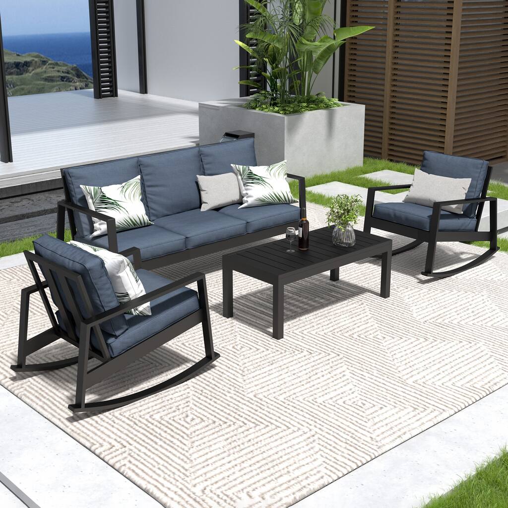 4-piece Outdoor Sofa Seating Group With Rocking Chairs And Coffee Table