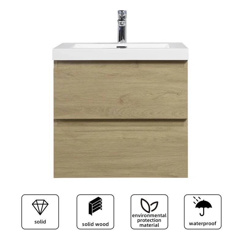 ABRUZZO 24" Floating Single Bathroom Vanity Wall-Mounted with Integrated Resin Top Basin 2 Soft Close Drawers Full Assembly