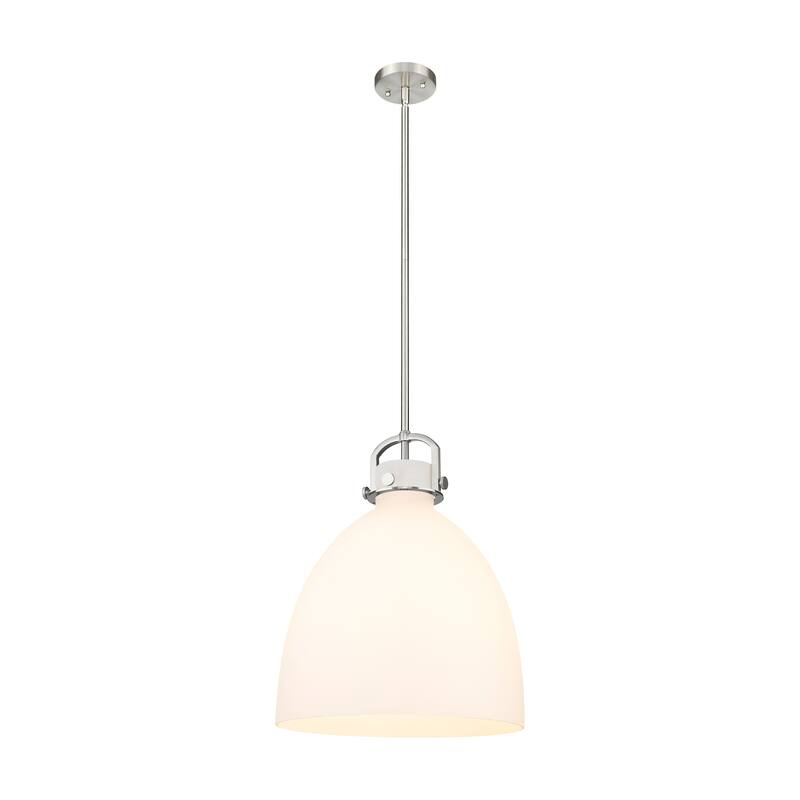 Innovations Lighting Newton Bell - 1 Light 16" Stem Hung Pendant - Satin Nickel/Matte White