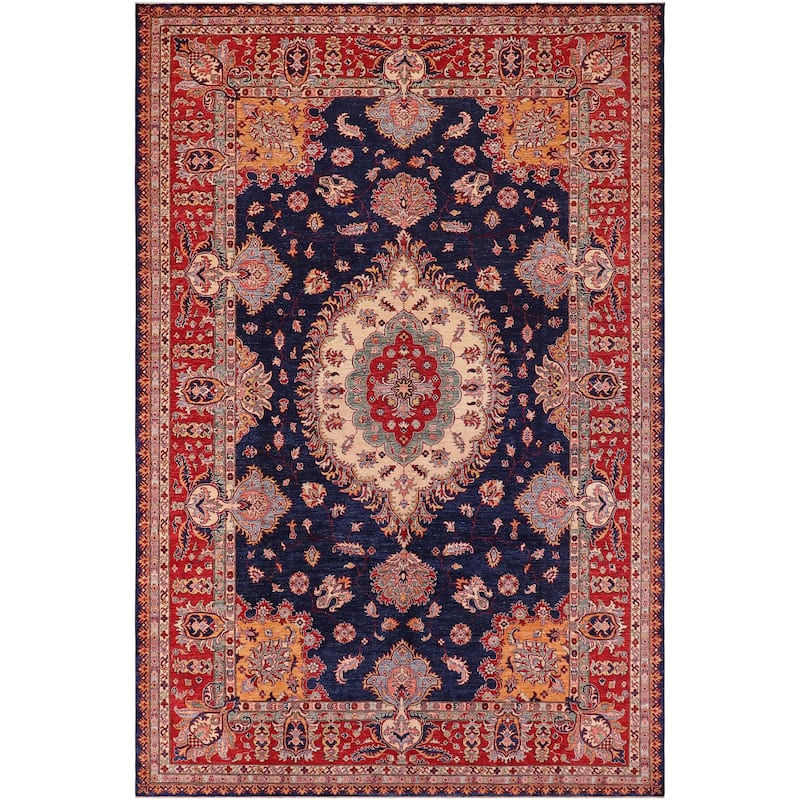 Southwestern Super Kazak Nyla Blue/Red Hand Knotted Wool Rug - 8'9'' x 12'4''
