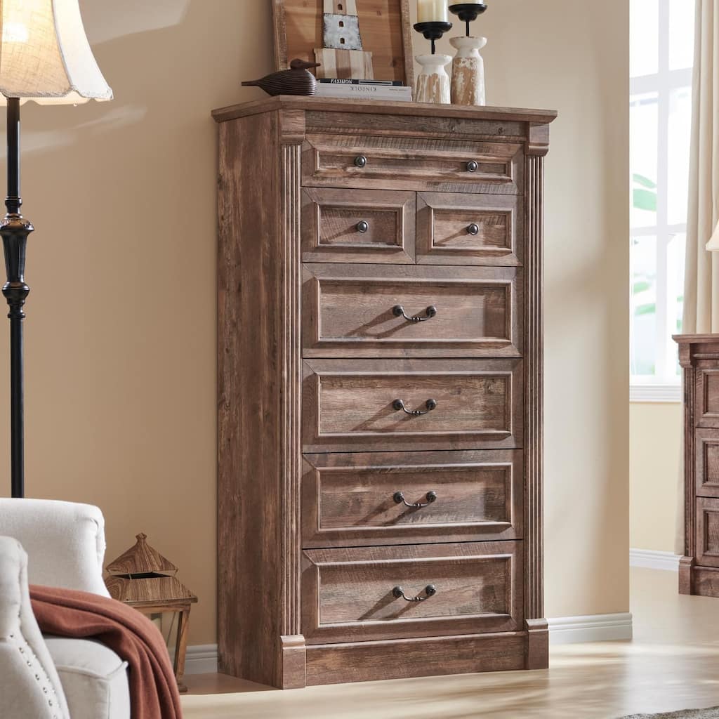 Farmhouse 7-Drawer Dresser - 57" Tall Chest with Roman Columns for Bedroom Storage in Hallway & Living Room
