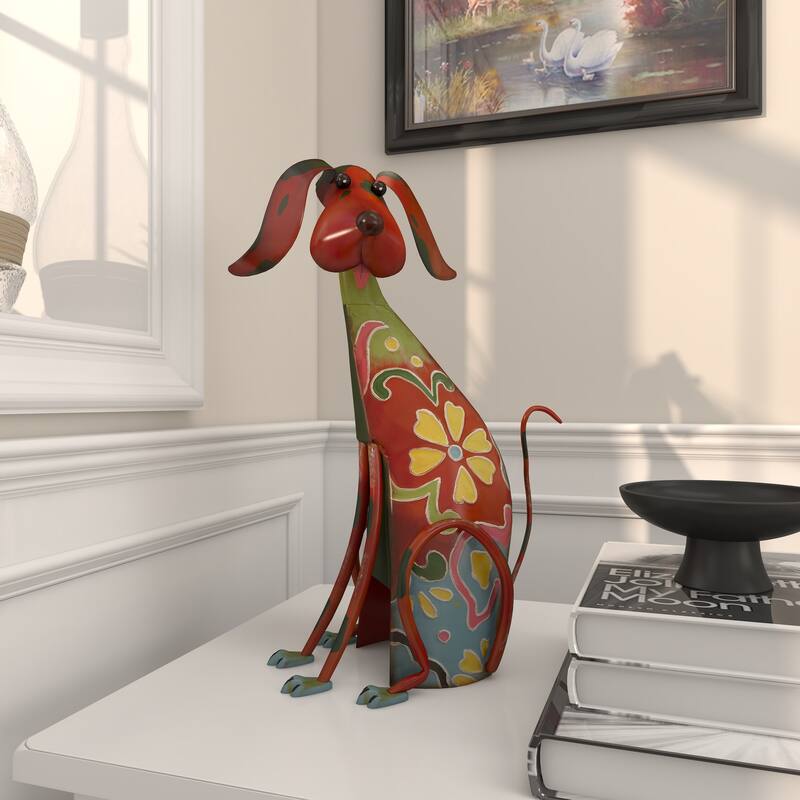 Multi Colored Metal Indoor Outdoor Dog Garden Sculpture with Floral Pattern