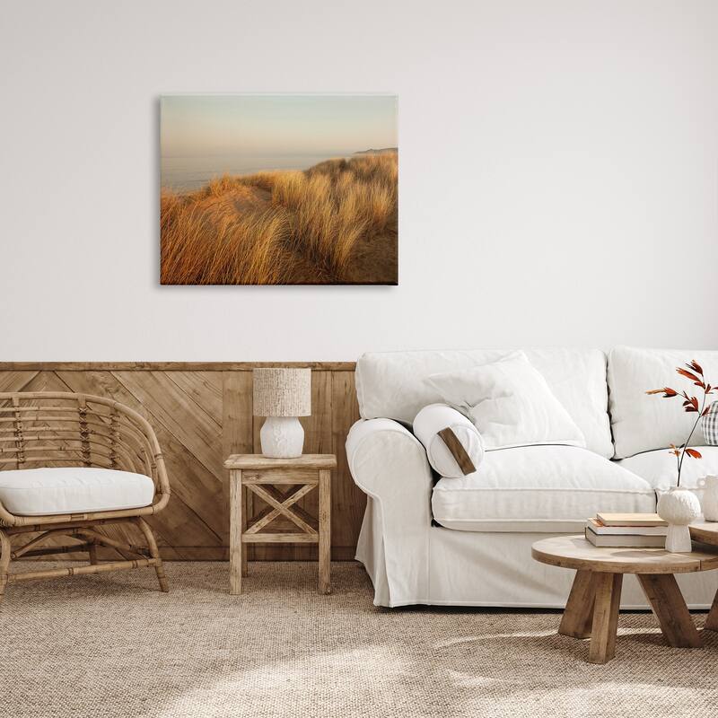 Stupell Ocean Cliff Sunset Sun Bleached Grass Seaside Photography Canvas Wall Art - Yellow
