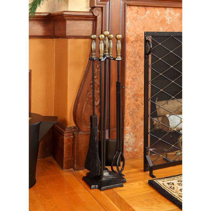 Achla Designs Carlisle Fireplace Set of 4 Tools, 30.5 Inch Tall, Antique Brass and Black