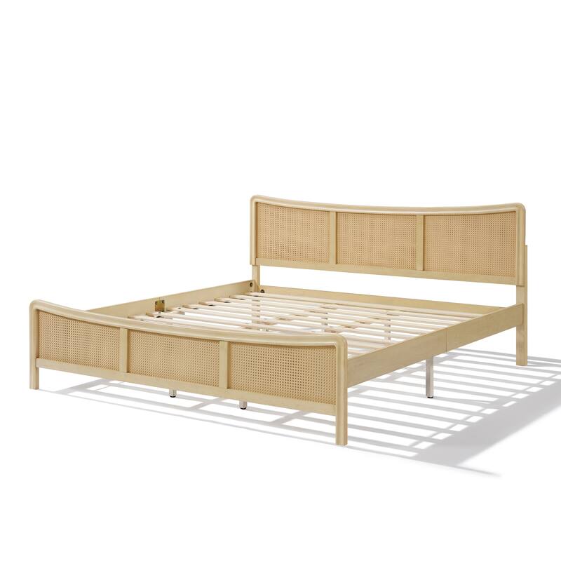 Christopher Knight Home- Celestine Curved Rubberwood Bed Frame with Rattan Headboard