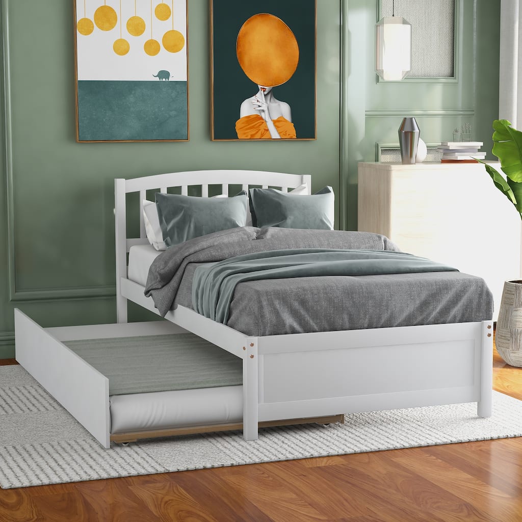 White Twin Size Wood Platform Bed Frame with Trundle, Minimalist Design, Solid Pine Construction