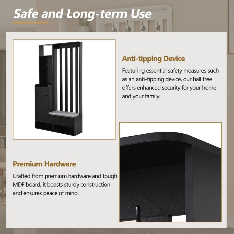 Charming Hall Tree, Entry Shoe Rack Bench Padded Seat