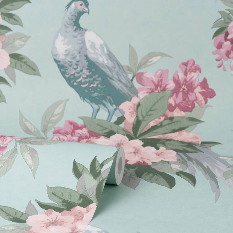 Brewster Golden Pheasant Aqua Floral Wallpaper