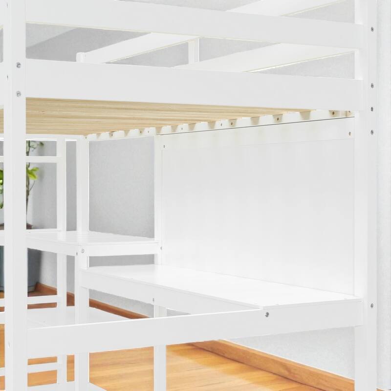 Twin Size Wooden Loft Bed with Desk, Shelves and Writable Board, Space Saving Work and Sleep Station