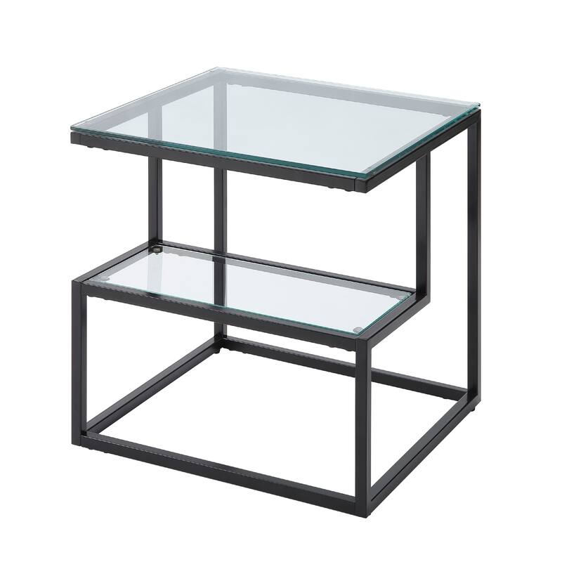 Elena End Table with 2-Tier Design, Glass Top and Shelf, Black Metal